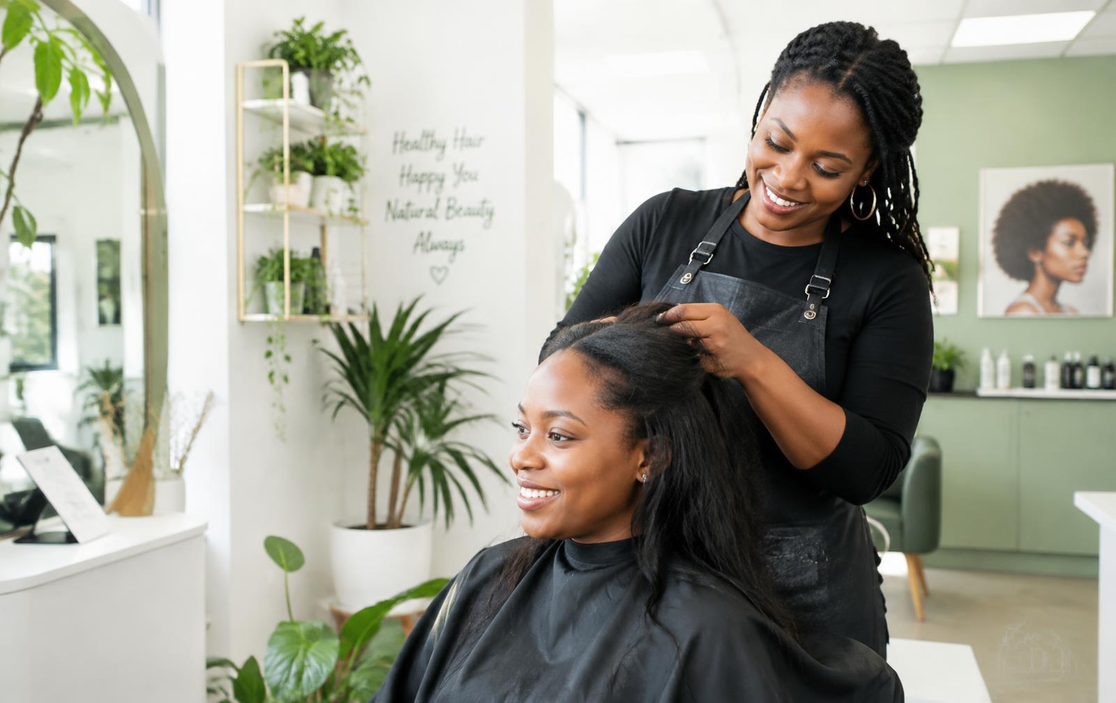 A stylist at work in a busy salon